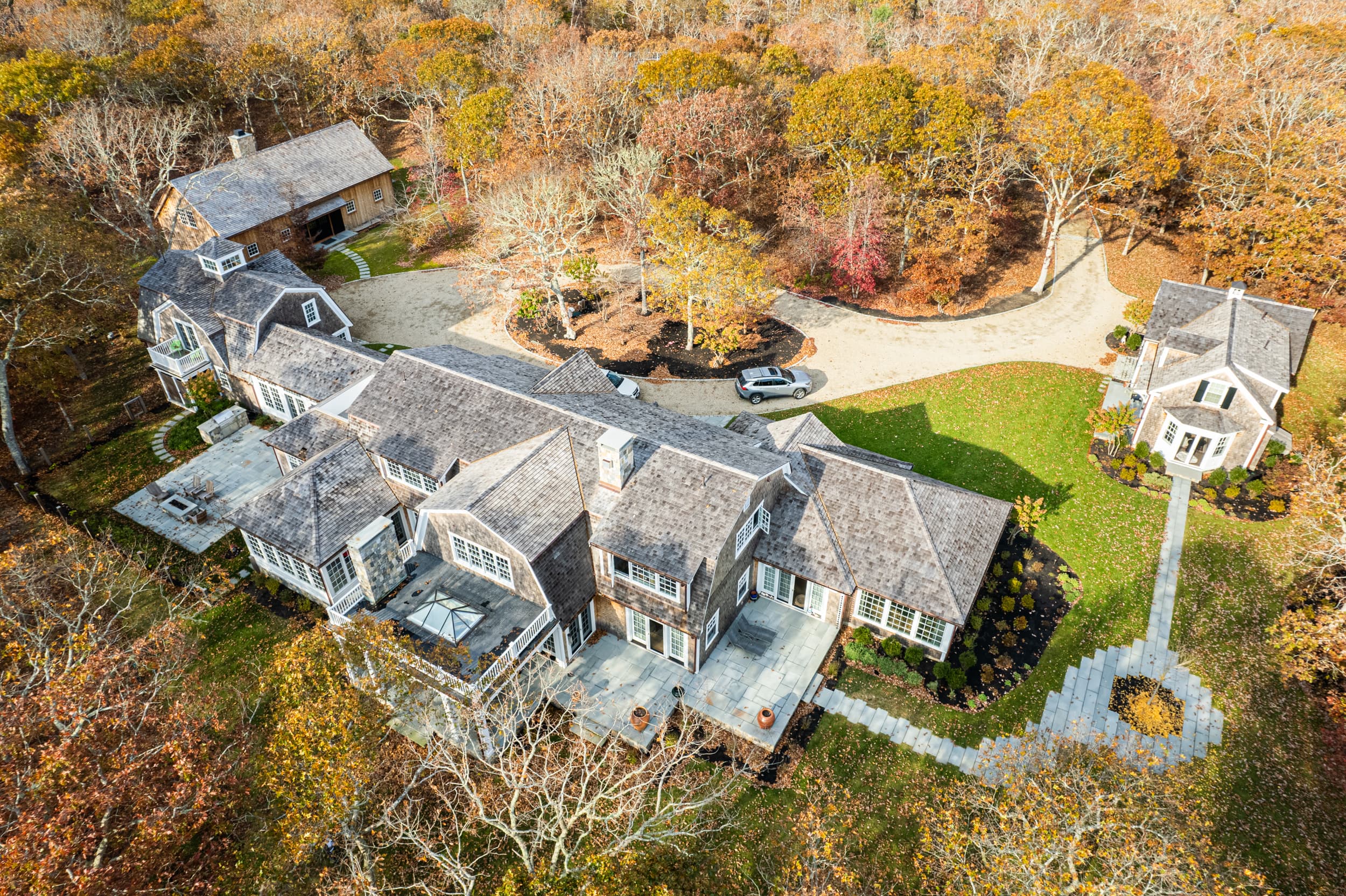 Aerial drone view of the Great Pond Retreat property in Edgartown