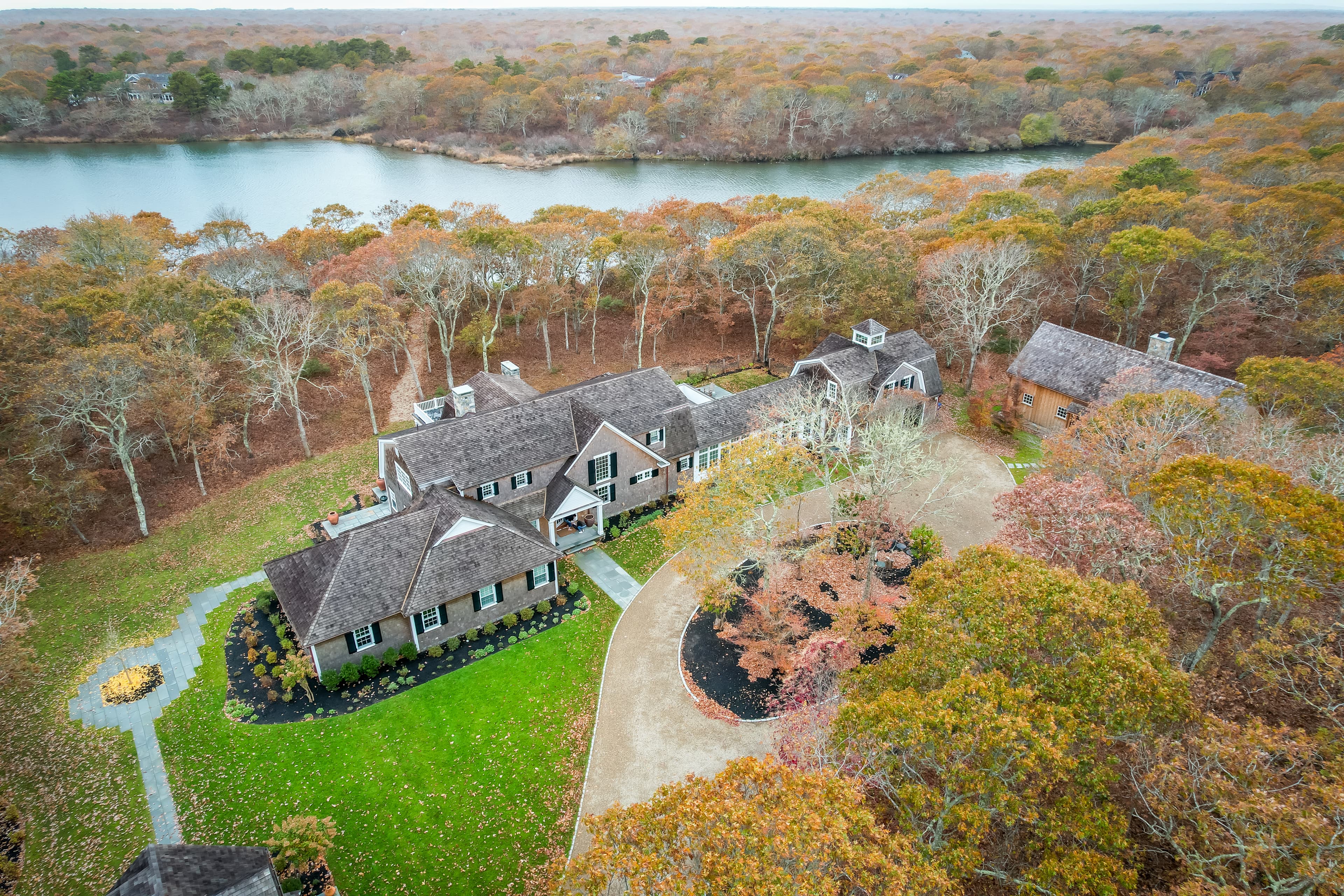 Aerial drone view of the Great Pond Retreat property and surrounding landscape